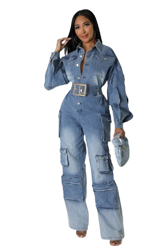 ATHINA FAMOUSE DENIM CARGO RUFFLE SLEEVE JUMPSUIT