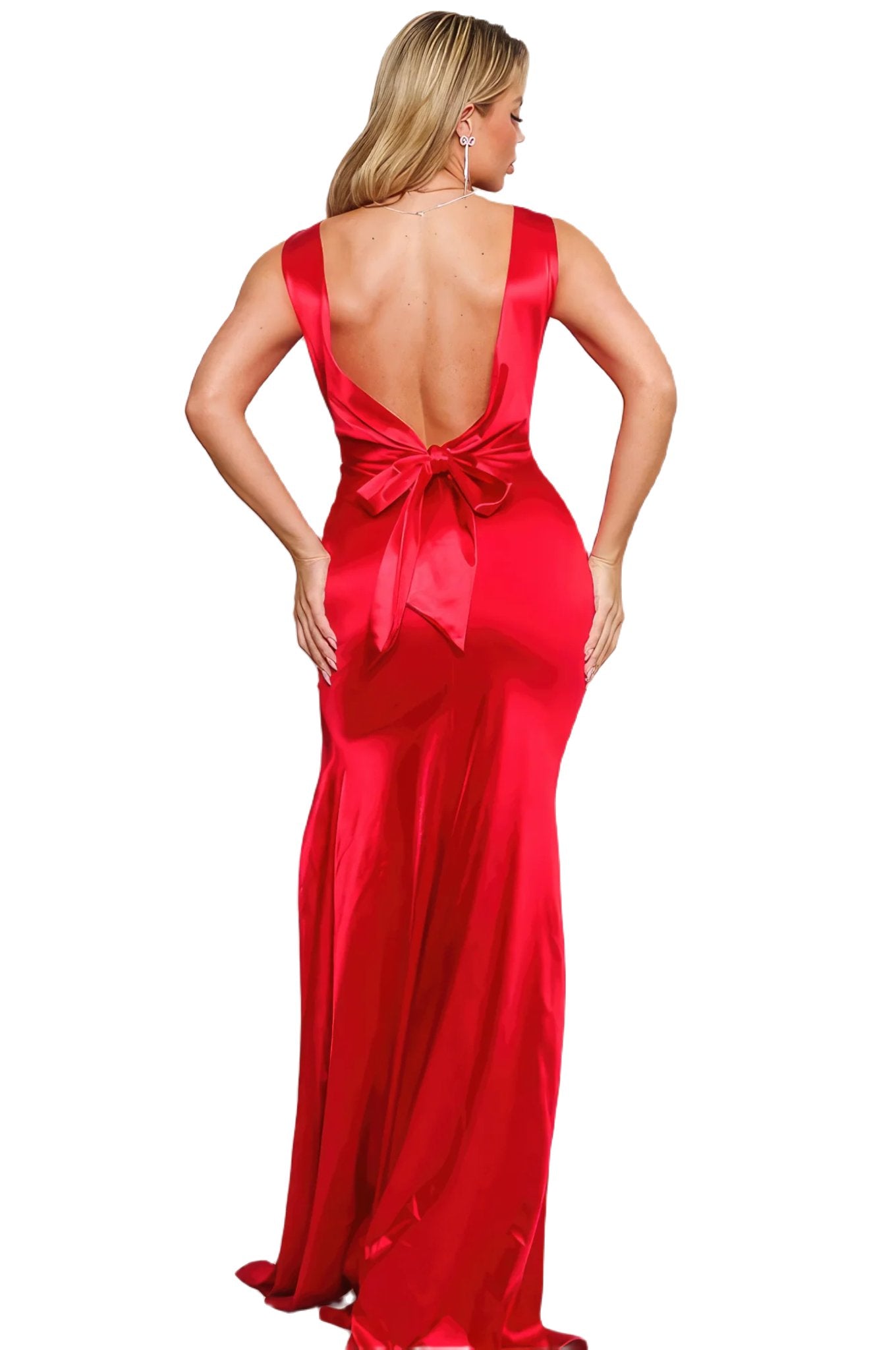 Sleeveless Deep V Low Back Bow Maxi Dress - PureLove Designs LLC