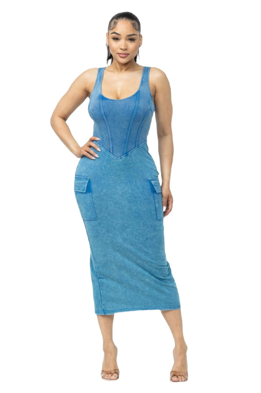 Acid Washed Cargo Midi Dress - PureLove Designs LLC