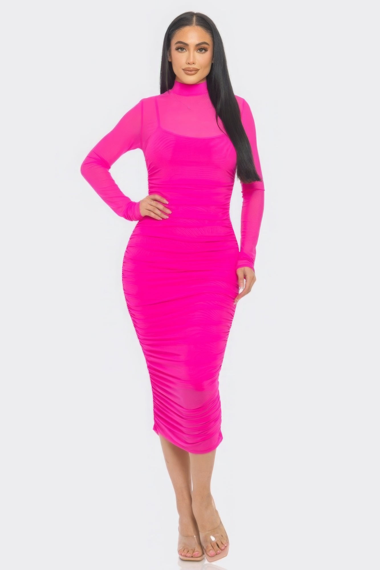 Solid Mesh Ruched Midi Dress - PureLove Designs LLC