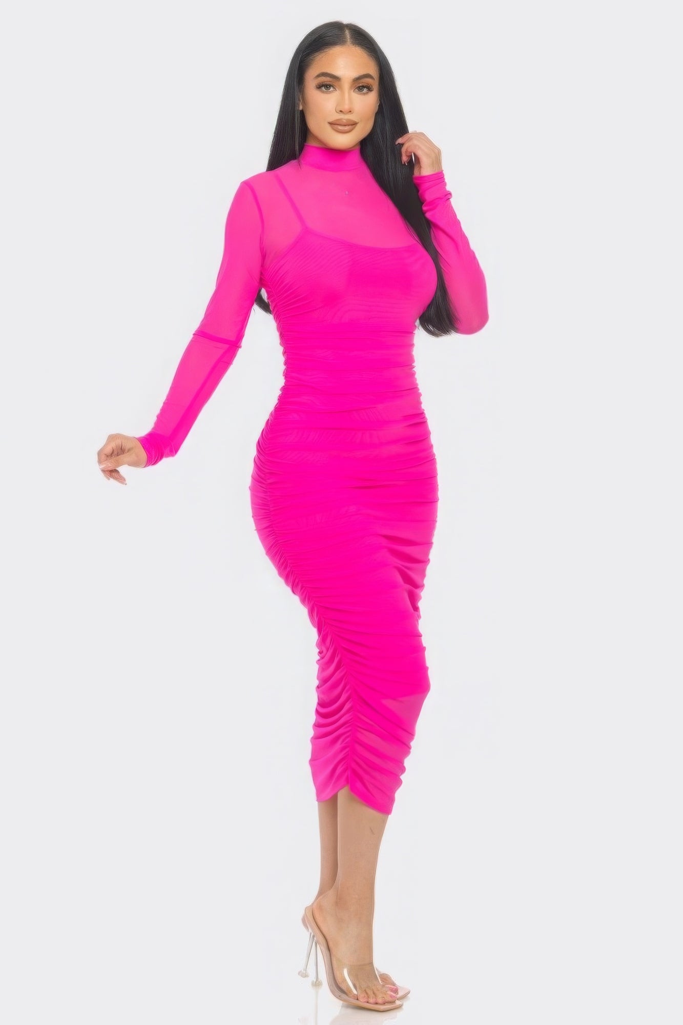 Solid Mesh Ruched Midi Dress - PureLove Designs LLC