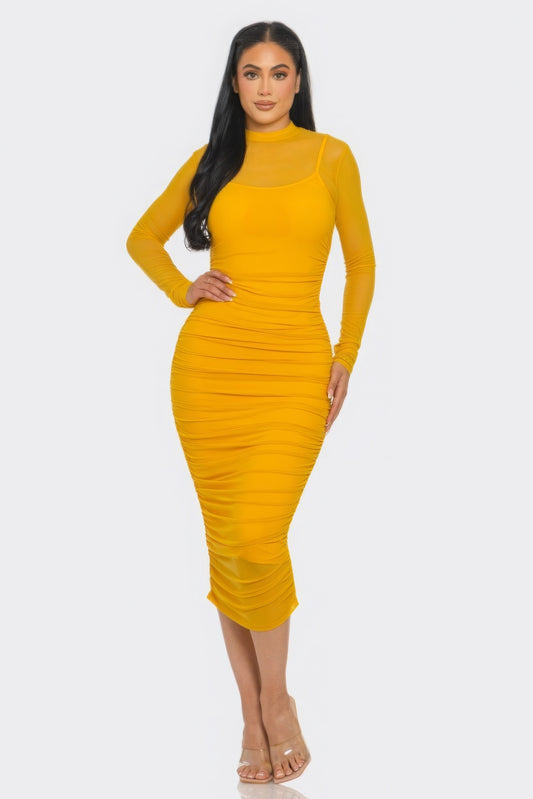 Solid Mesh Ruched Midi Dress - PureLove Designs LLC