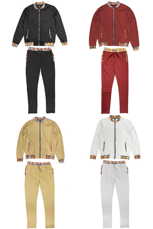 Checkered Detail Track Jacket Set (Black, White, Khaki, Burgundy) - PureLove Designs LLC